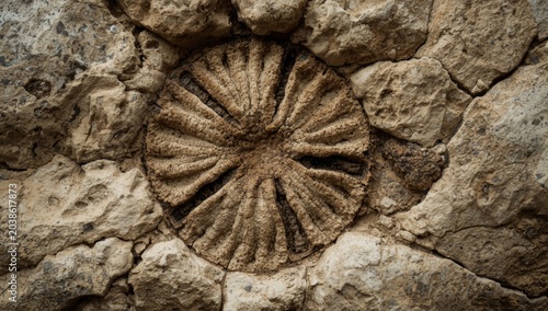 Close up shot of a large nummulite fossil embedded in fossiliferous Palaeogene limestone with copy space