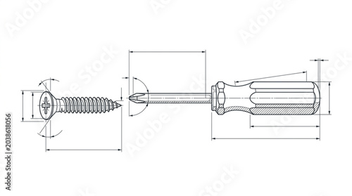 Detailed technical drawing of a screwdriver and screw with measurements.