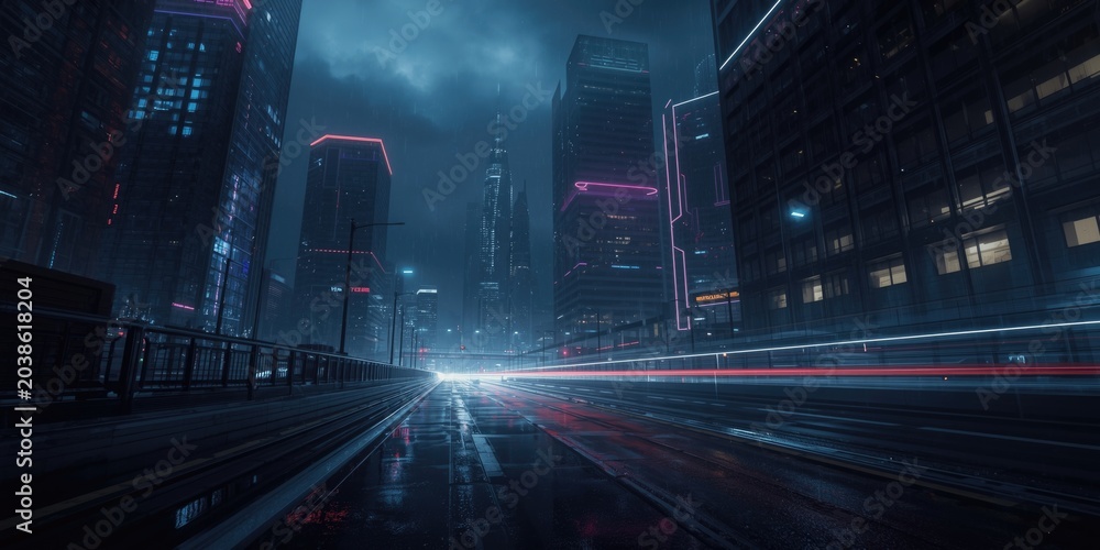 Naklejka premium Gloomy illuminated cityscape featuring advanced 5G technology in a cyber future setting
