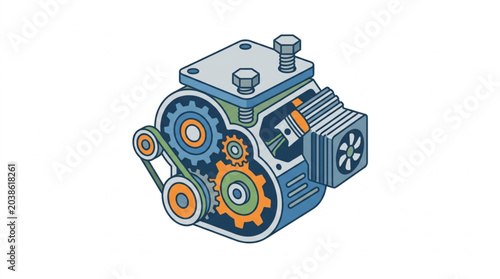 Canvas Print Detailed illustration of a mechanical engine with gears and belt.