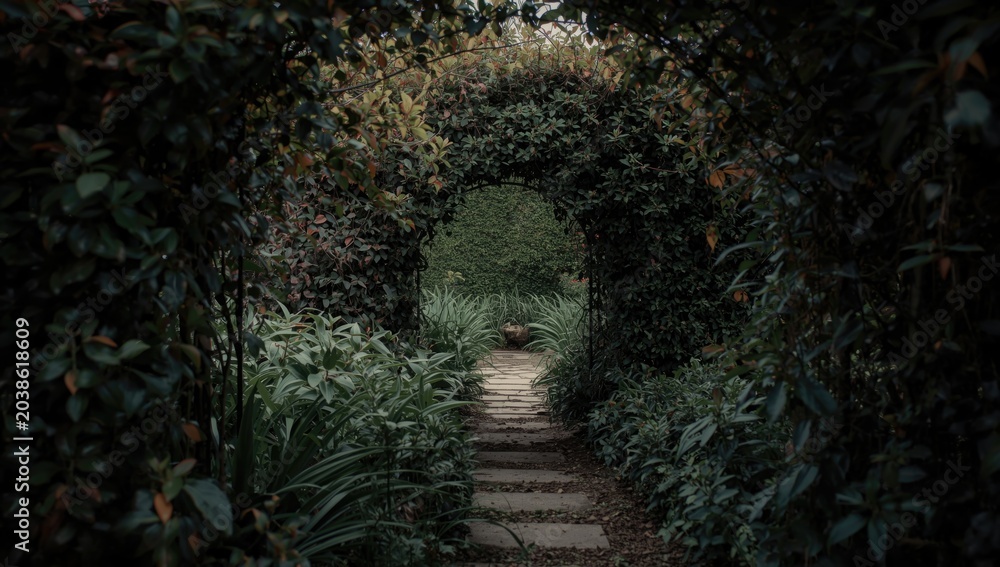 Fototapeta premium Elegant garden area with a stone pathway blending into dense garden foliage