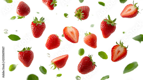Fresh red strawberries and green leaves floating against white studio background.