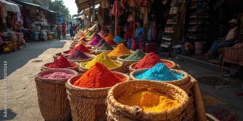 Fototapeta premium Colorful pigments displayed vibrantly in traditional baskets at a lively market