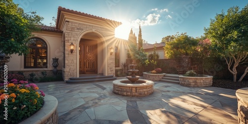 Enhanced house facade with a stone tiled courtyard and artistic landscaping under radiant sunlight with copy space