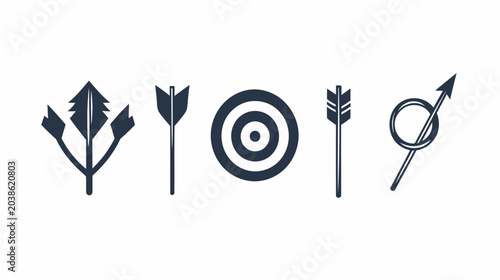 Stylized archery elements displayed against a white background.  Arrows and a target are featured