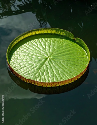 A large green lily pad floats on dark water