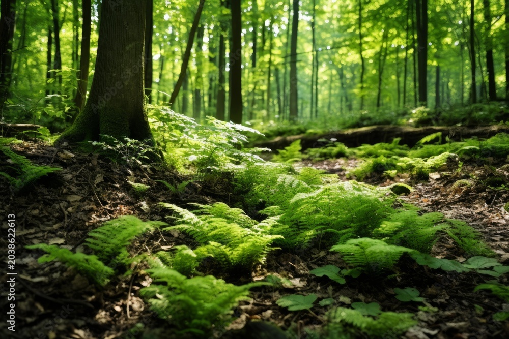 Fototapeta premium Green ferns thriving on the woodland ground with sunlight illuminating the lush foliage