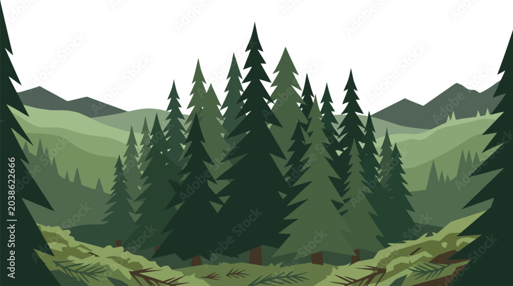 Obraz premium Flat vector illustration of dark green pine forest landscape with rolling hills and distant mountains