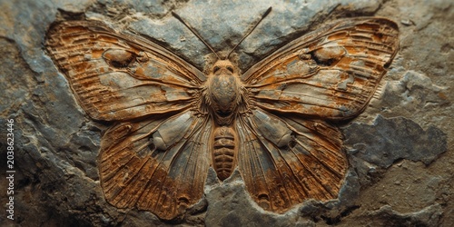Close up of fossilized butterfly on stone displaying complex natural structures and ancient science