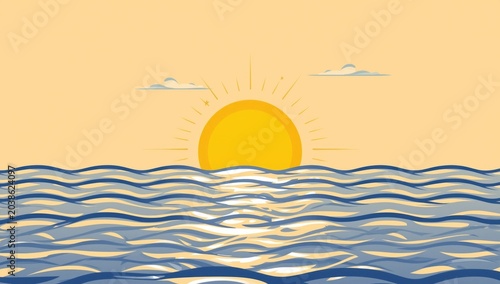 Friendly sun rising above ocean waves star and clouds in a fast water and food delivery platform