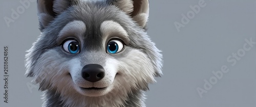 Cute grey wolf mascot close up rendered in vivid digital animation art style