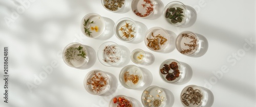 Flat view of Petri dishes containing different botanical ingredients and cosmetic samples on a white background with copy space