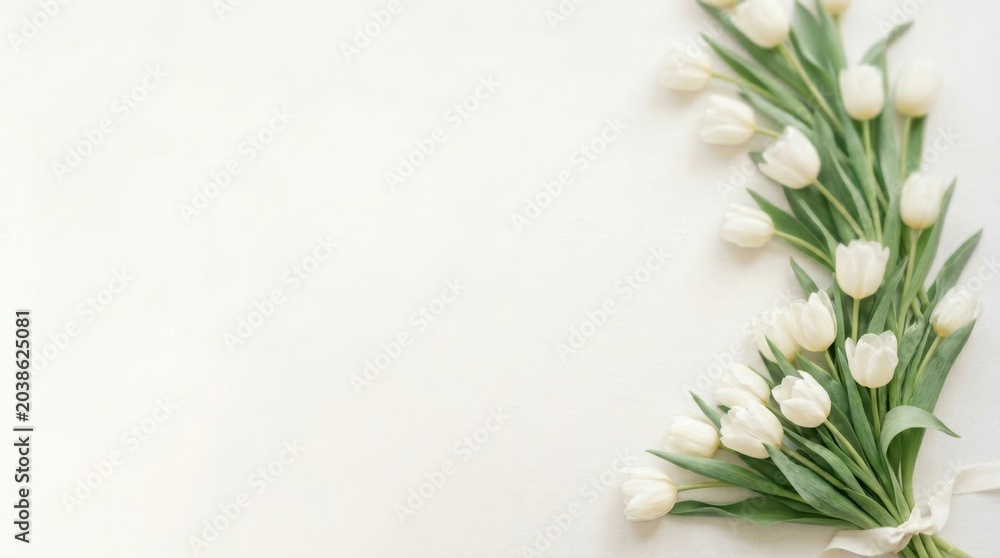 Naklejka premium Elegant bouquet of white tulips tied with a delicate ribbon on a soft background