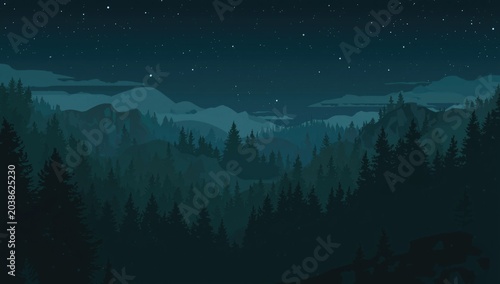 Flat artistic forest landscape bathed in the darkness of night
