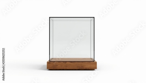Contemporary square glass display case sitting on wooden base on white background