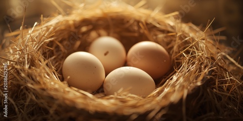 Focused image of sizable fresh goose eggs tucked inside loose hay