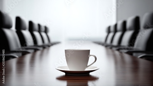 A lone coffee cup sits on a polished conference table, surrounded by empty chairs in a modern meeting room