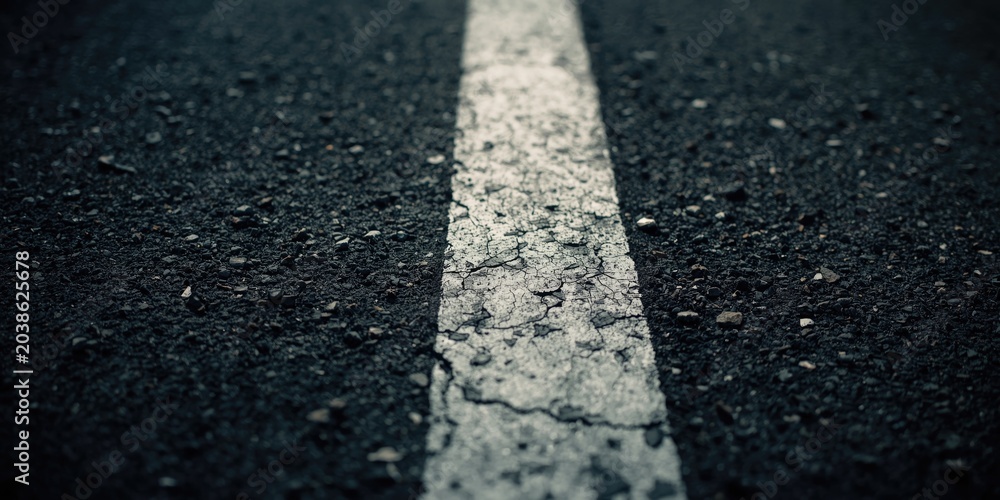 Fototapeta premium Close up of worn white painted lane lines on rough black asphalt background
