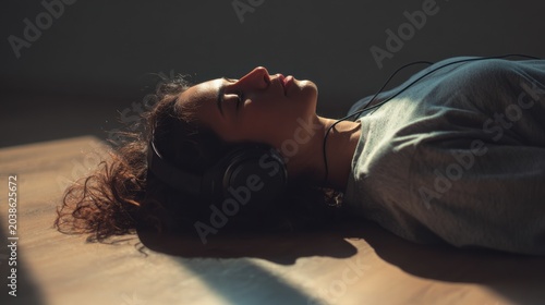 A young person lying on the floor, eyes closed, with headphones on, enjoying music in a sunlit room. The sunlight casts a warm glow and shadows, creating a serene atmosphere
