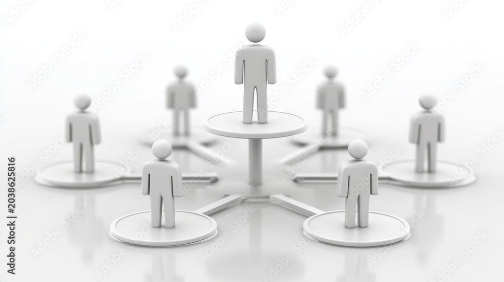 Obraz premium A leadership concept illustration showing a central figure standing on a raised platform, surrounded by other figures connected by lines, symbolizing hierarchy and connection