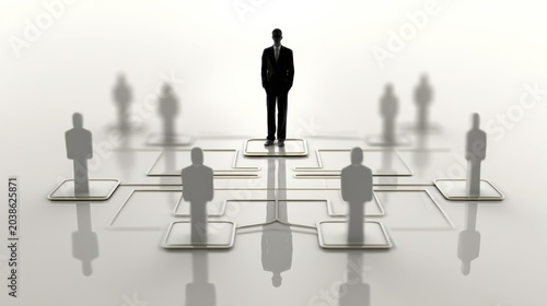 A leader standing tall above subordinates in a hierarchical structure, representing command and control