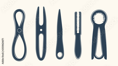Monochrome vector illustration of five kitchen utensils on a light background