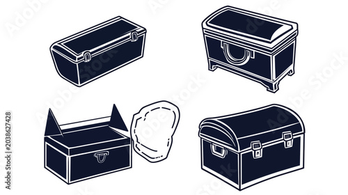 Four stylized antique storage chests of different shapes and sizes, illustrations on white
