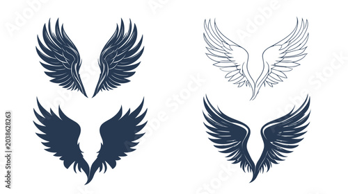 Collection of stylized wing illustrations in various forms, using shades of blue on a white background