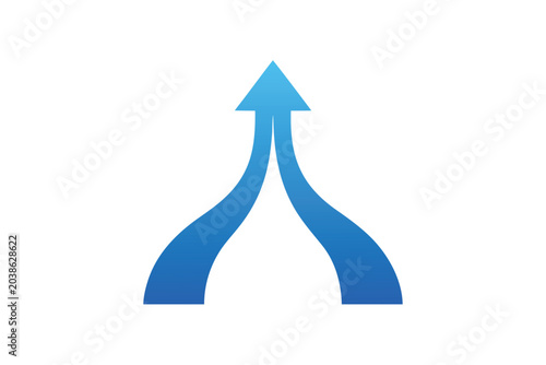A clean flat vector icon showcasing two blue paths merging into one upward pointing arrow on a white background, representing business growth, strategy, synergy, and unified corporate direction.