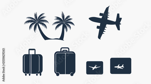 Black graphic depicting palm trees, airplane, luggage, and airline boarding passes