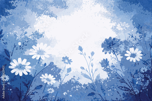 Blue cyanotype daisy botanical background with stipple dot overlay texture. Elegant flower and twig silhouette design for artistic floral patterns, nature stationery, and organic vector art.