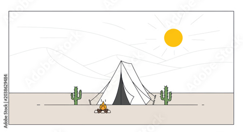 Εκτύπωση καμβά Desert Campsite: Tent, Campfire, Cacti, Sun, Dry Landscape