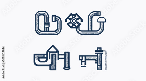 Four illustrative, geometric plumbing components with a textured, aged look, in blue tones
