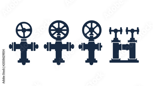 Four stylized illustrations of dark blue industrial valves on a white background. Each has a different wheel