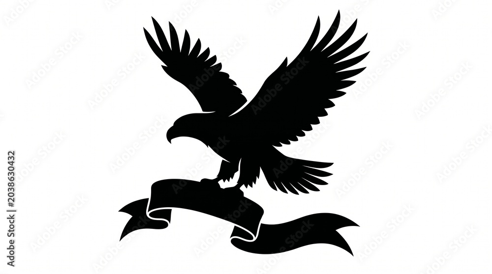 Naklejka premium Flying Eagle Silhouette Holding Banner, Clean Black Hawk Vector Icon Isolated on White Background