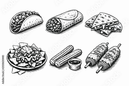 Mexican food collection featuring hand drawn sketches of taco, burrito, quesadilla, nachos, churros, and salsa, traditional ethnic cuisine vector icons for restaurant menu and street food flyer.