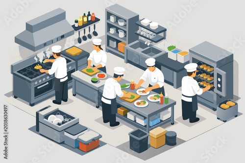 Modern isometric commercial kitchen scene with professional chefs preparing gourmet meals using high-end culinary equipment in a clean restaurant environment, flat vector style illustration.