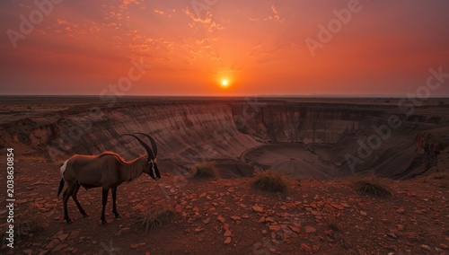 Crimson sky at sunset over parched earth with Nubian ibex near giant crater