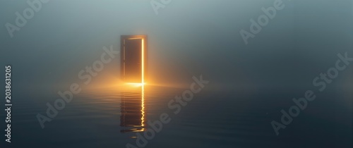 Enigmatic door left ajar emitting golden light over calm waters wrapped in soft morning mist