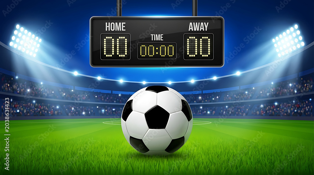 Naklejka premium Vibrant night scene of a professional stadium with a soccer ball on the pitch, scoreboard displaying game details