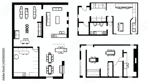 Black and white architectural floor plans of several rooms with furniture outlines