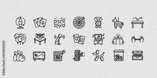 Canvas Print Icon set collection of party games and entertainment activities, featuring bingo, darts, card games, medals, and fun celebration props