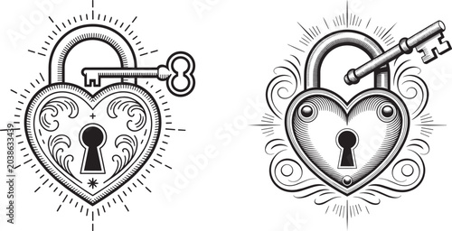 Heart lock and key set with vintage love security line art design