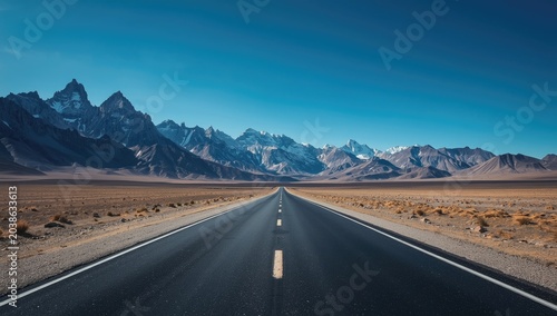 Empty blacktop road heading towards jagged mountain summits