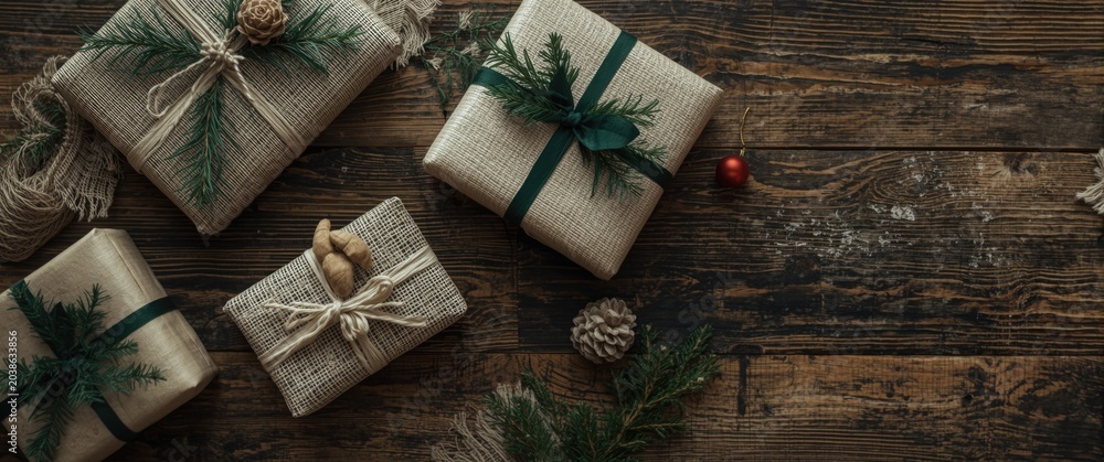 Fototapeta premium Festive presents wrapped in sustainable cloth with greenery accents on wooden surface