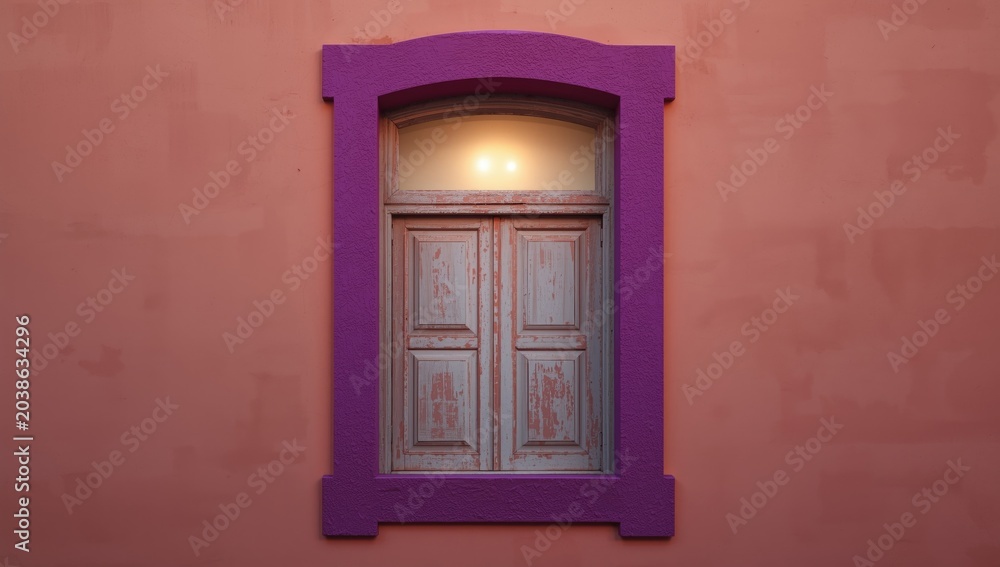 Fototapeta premium Coral facade with a classic window framed in bright purple and deep fuchsia