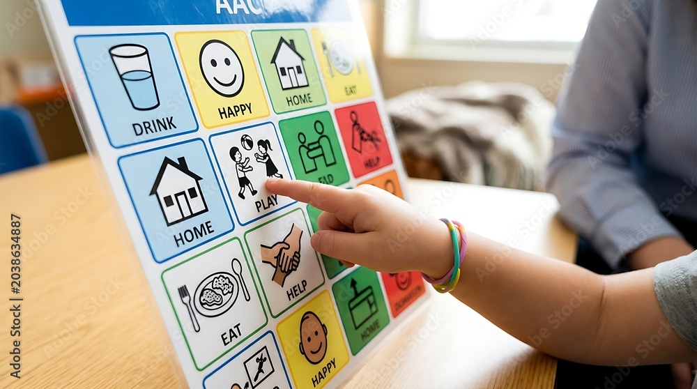 © Shemli - Young child learning and communicating using a visual picture board, fostering development and understanding through interactive therapy for special needs