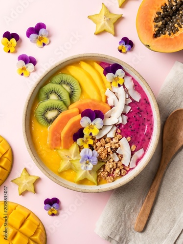 Healthy Tropical Fruit Smoothie Bowl With Edible Flowers