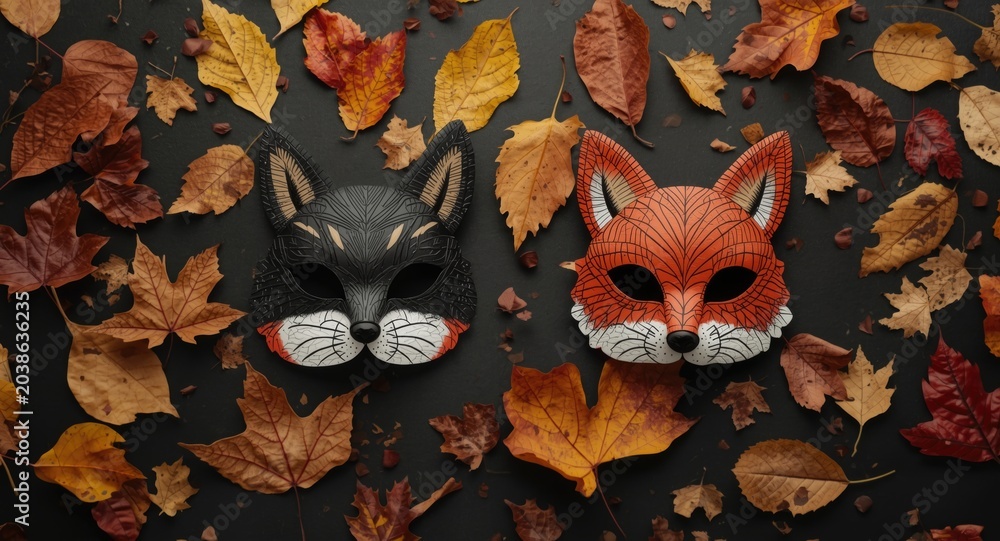 Naklejka premium Creative kids making cat and fox masks with autumn leaves art