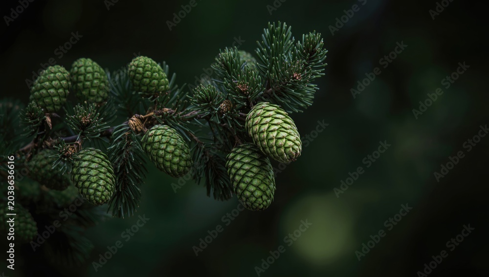 Fototapeta premium Healthy cedar cones developing on coniferous tree with a smooth background blur